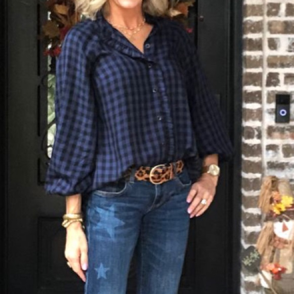 CAbi Navy Blue Plaid Button Down Shirt